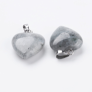 Natural Labradorite Pendants, with Brass Findings, Heart, Platinum, 23x20x7~9mm, Hole: 5x8mm(G-E434-06P)