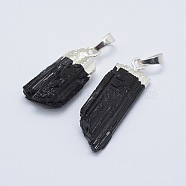 Natural Black Tourmaline Pendants, with Brass Findings, Nuggets, Silver Color Plated, 30~53x12.5~35x10~25mm, Hole: 6.5x4mm(KK-L158-62S)