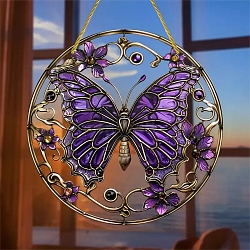 Flat Round Stained Acrylic Hanging Suncatchers, for Outdoor Garden Windows Decoration, Butterfly, Pendant: 150x3mm(PW-WG69601-05)