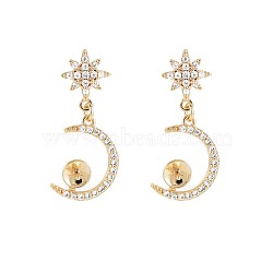 Brass Micro Pave Clear Cubic Zirconia Stud Earring Findings, for Half Drilled Beads, Nickel Free, Moon, Real 18K Gold Plated, 24x9.5mm, Pin: 0.7mm, pin: 0.7mm(for half drilled beads)(KK-S364-143)