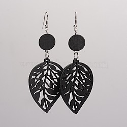 Trendy Leaf Wood Dangle Earrings, with Platinum Plated Iron Earring Hooks, Black, 90x34mm, Pin: 0.8mm(EJEW-F0090-09F)