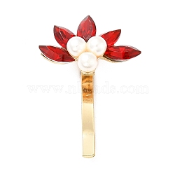 Glass & ABS Plastic Imitation Pearl Hair Findings, Pony Hook, with Alloy Findings, Flower, Red, 43x30x16mm(OHAR-B003-05KCG-B)