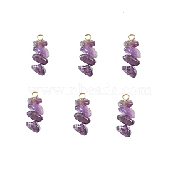 Natural Amethyst Chip Pendants, with Golden Tone 304 Stainless Steel Loops, 23~26x5~8x5~8mm, Hole: 2~3.5mm(PALLOY-TAC0052-03)