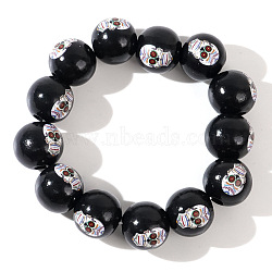 Halloween Creative Wood Printed Stretch Round Beaded Bracelets, Skull, 7-1/2 inch(19cm)(YX3939-4)