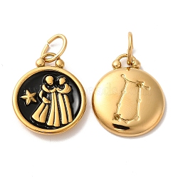 Ion Plating(IP) 304 Stainless Steel Enamel Pendants, with Jump Ring, Flat Round with Constellation, Golden, Gemini, 20.5x17x2.5~3.5mm, Hole: 4x6mm(STAS-A080-43G-08)