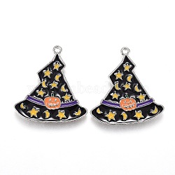 Halloween Theme Witch Hat Alloy Enamel Pendants, Magic Hat with Star and Moon & Pumpkin Pattern, Platinum, 26.5x24.5x1.5mm, Hole: 1.6mm(X-ENAM-J649-11P-02)