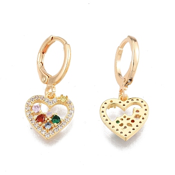 Colorful Cubic Zirconia Heart Dangle Leverback Earrings, Brass Jewelry for Women, Cadmium Free & Nickel Free & Lead Free, Real 18K Gold Plated, 25mm, Pin: 1mm