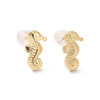 Brass Sea Horse Stud Earrings for Women, Cadmium Free & Lead Free, Golden, 11x6mm, Pin: 0.9mm