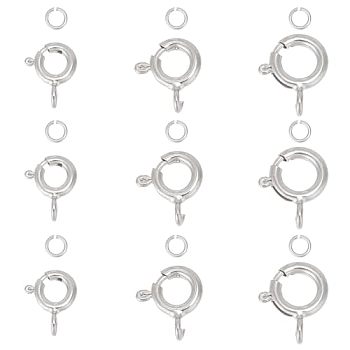 925 Sterling Silver Spring Ring Clasps with Open Jump Rings, Silver, Clasps: 8~10x5~7x0.98~1.4mm, Hole: 1~1.8mm, 18pcs; Rings: 24 Gauge, 3x0.5mm, Inner Diameter: 2mm, 18pcs