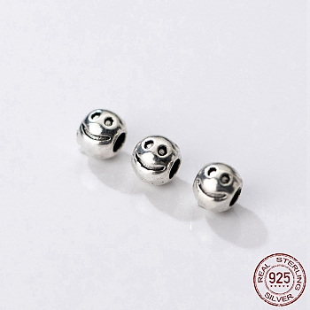 Rhodium Plated 925 Thailand Sterling Silver Spacer Beads, Smiling Face Beads, Antique Silver Color, Round, 4.3x3.8mm, Hole: 1.8mm