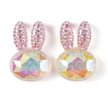 Transparent Epoxy Resin Rabbit Head Decoden Cabochons, with Glitter Powder, Pearl Pink, 25.5x17.5x7.5mm