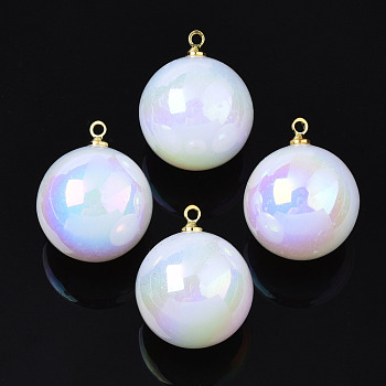 ABS Plastic Imitation Pearl Pendants, with Brass Findings, AB Color Plated, Round, White, 19.9x16mm, Hole: 1.5mm