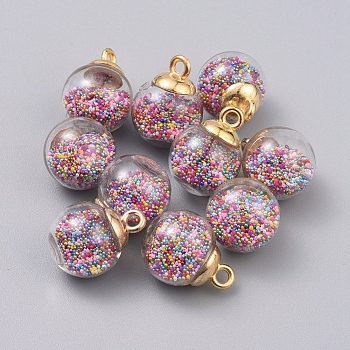 Transparent Glass Globe Pendants, with Glass Micro Beads inside & CCB Plastic Pendant Bails, Round, Light Gold, Colorful, 21.5x16mm, Hole: 2.5mm