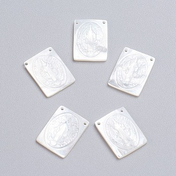Natural White Shell Mother of Pearl Shell Pendants, Rectangle with Saint, 16x12x2~2.5mm, Hole: 0.9mm