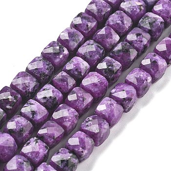 Dyed Natural Sesame Jasper Imitation Charoite Beads Strands, Faceted, Cube, Dark Violet, 6.5~7x6.5~7x6.5~7mm, Hole: 1mm, about 61~62pcs/strand, 15.47~15.67 inch(39.3~39.8cm)