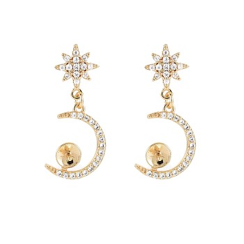 Brass Micro Pave Clear Cubic Zirconia Stud Earring Findings, for Half Drilled Beads, Nickel Free, Moon, Real 18K Gold Plated, 24x9.5mm, Pin: 0.7mm, pin: 0.7mm(for half drilled beads)