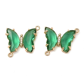 Brass Pave Faceted Glass Connector Charms, Golden Tone Butterfly Links, Medium Sea Green, 20x22x5mm, Hole: 1.2mm