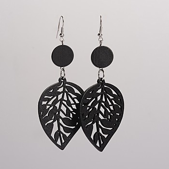 Trendy Leaf Wood Dangle Earrings, with Platinum Plated Iron Earring Hooks, Black, 90x34mm, Pin: 0.8mm