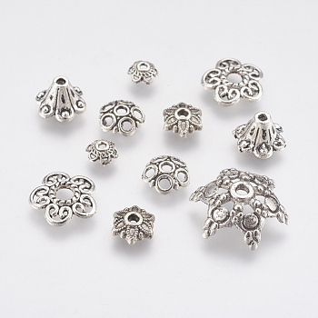 Tibetan Style Bead Caps, Mixed Shapes, Alloy, Flower, Antique Silver, 6~17x2~6mm, Hole: 1~2.5mm, 200g/bag