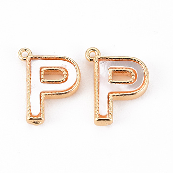 Brass Charms, with Shell, Real 18K Gold Plated, Nickel Free, Letter.P, 12x9x2mm, Hole: 0.9mm