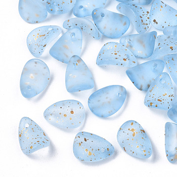 Transparent Spray Painted Glass Charms, with Gold Foil, Frosted, Petaline, Light Sky Blue, 12x8x4.5mm, Hole: 1mm