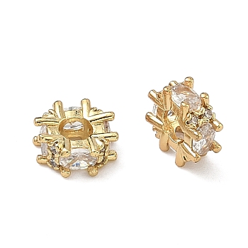 Brass Clear Cubic Zirconia Beads, Cadmium Free & Lead Free, Rack Plating, Long-Lasting Plated, Flat Round, Real 18K Gold Plated, 9x4mm, Hole: 3.5mm