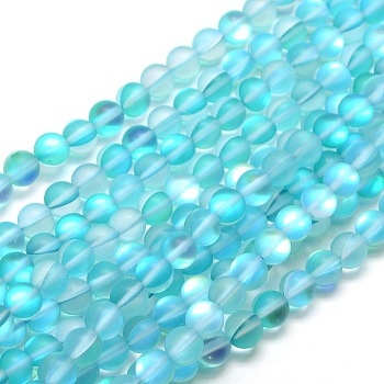 Synthetic Moonstone Beads Strands, Dyed, Holographic Beads, Half AB Color Plated, Frosted, Round, Cyan, 10mm, Hole: 1mm, about 37pcs/strand, 15 inch