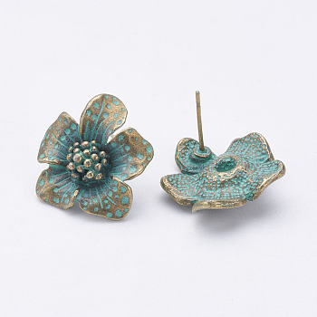 Tibetan Style Alloy Stud Earrings, Flower, Antique Bronze & Green Patina, 20x19x5.5mm, Pin: 0.7mm