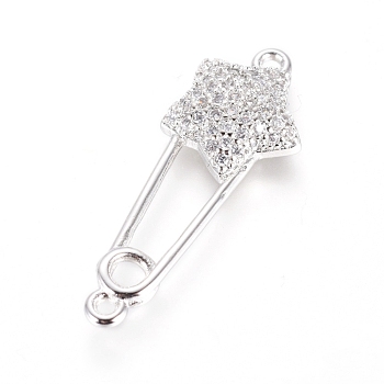 Brass Micro Pave Cubic Zirconia Links connectors, Safety Pin Shape with Star, Clear, Platinum, 27x10x3.5mm, Hole: 1.2mm