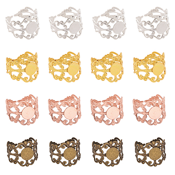 28pcs 4 Colors Rack Plating Brass Wide Open Cuff Ring Findings, Pad Ring Setting, Flower with Round Tray, Mixed Color, US Size 8(18.1mm), Tray: 8mm, 7pcs/color