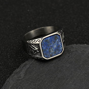 304 Stainless Steel with Natural Lapis Lazuli Finger Rings, Square, Stainless Steel Color, US Size 11(20.6mm)