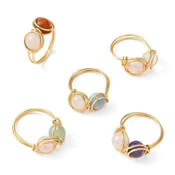 Natural Mixed Gemstone Finger Ring, Golden Copper Wired Ring, US Size 8 1/2(18.5mm)