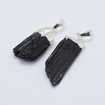 Natural Black Tourmaline Pendants, with Brass Findings, Nuggets, Silver Color Plated, 30~53x12.5~35x10~25mm, Hole: 6.5x4mm