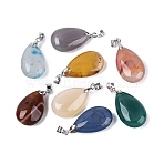 Natural Agate(Dyed & Heated) Pendants, Teardrop Charms, with Stainless Steel Snap on Bails, Stainless Steel Color, Mixed Color, 28~32x14~16x8~10mm, Hole: 4.5x3.5mm(G-N362-02P)
