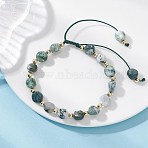 Natural Tree Agate & 304 Stainless Steel Beads Braided Bead Bracelets, Braided Nylon Thread Adjustable Bracelets for Women Men, Nuggets, Green, Inner Diameter: 1.89~3.05 inch(4.8~7.75cm)(BJEW-JB13670)