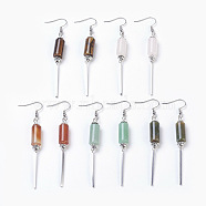 Natural Gemstone Dangle Earrings, with Alloy Spacer Beads and 304 Stainless Steel Findings, Column and Rectangle, Platinum & Antique Silver, 78mm, Pendant: 61x8mm, Pin: 0.6mm(EJEW-JE02801)