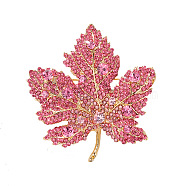 Autumn Maple Leaf Light Gold Alloy Rhinestone Brooch Pins, for Sweaters Coats, Light Rose, 50x47mm(PW-WG57699-03)