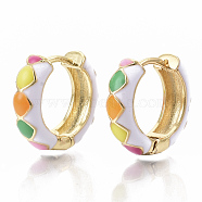 Brass Huggie Hoop Earrings, with Two Tone Enamel, Real 18K Gold Plated, Rhombus Pattern, Colorful, 15.5x16.5x5mm, Pin: 1x1mm(EJEW-S209-05F)