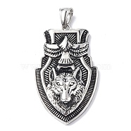 304 Stainless Steel Big Pendants, Shield with Wolf Charm, Antique Silver, 51x30x8mm, Hole: 5x9mm(STAS-C065-06AS)