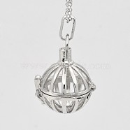 Hollow Brass Cage Pendants, For Chime Ball Pendant Necklaces Making, Round, Cadmium Free & Nickel Free & Lead Free, Platinum, 26x21x24mm, Hole: 4x9mm, inner diameter: 17mm(X-KK-D414-06-NR)