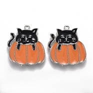 Autumn Theme Alloy Enamel Pendants, Black Cat with Orange Pumpkin, Platinum, 21x20x1.5mm, Hole: 1.6mm(ENAM-J649-06P-01)