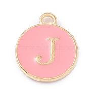Golden Plated Alloy Enamel Charms, Enamelled Sequins, Flat Round with Alphabet, Letter.J, Pink, 14x12x2mm, Hole: 1.5mm(X-ENAM-Q437-14J)
