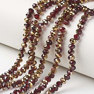 Electroplate Transparent Glass Beads Strands, Half Golden Plated, Faceted, Rondelle, Dark Red, 3x2mm, Hole: 0.8mm, about 150~155pcs/strand, 15~16 inch(38~40cm)(EGLA-A034-T2mm-O04)