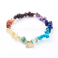 Chakra Jewelry, Chip Gemstone Stretch Charm Bracelets, with Brass Lotus Charms and Non-magnetic Synthetic Hematite Beads, Golden, Inner Diameter: 2-1/8 inch(5.5cm)(X-BJEW-JB06083)
