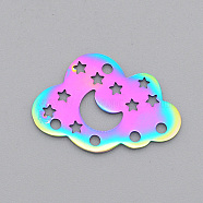 Ion Plating(IP) 201 Stainless Steel Chandelier Components Links, Laser Cut, Cloud with Moon and Star, Rainbow Color, 17x25x1mm, Hole: 1.6mm(STAS-T056-LA524)
