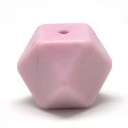 Food Grade Eco-Friendly Silicone Beads, Chewing Beads For Teethers, DIY Nursing Necklaces Making, Faceted Cube, Pink, 14x14x14mm, Hole: 2mm(SIL-Q009B-58)