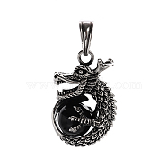 Stylish Retro 304 Stainless Steel Agate Dragon Pendants, Antique Silver, Black, 37.5x17x25mm, Hole: 6x10.5mm(STAS-F011-37A)