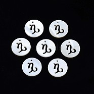 Natural Freshwater Shell Charms, Flat Round with Twelve Constellations, Hollow, Capricorn, 12x1.5mm, Hole: 0.9mm(SHEL-N027-10B)