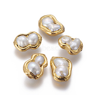 Natural Cultured Freshwater Pearl Beads, with Golden Plated Brass Findings, Calabash, White, Golden, 19~23.5x14.5~17x7~9mm, Hole: 0.7mm(PEAR-F011-14G)