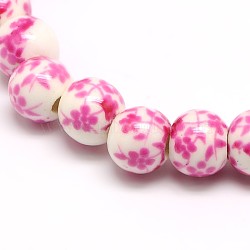 Handmade Flower Printed Porcelain Ceramic Beads Strands, Round, Pearl Pink, 6mm, Hole: 2mm, about 60pcs/strand, 13 inch(PORC-M005-6mm-03)